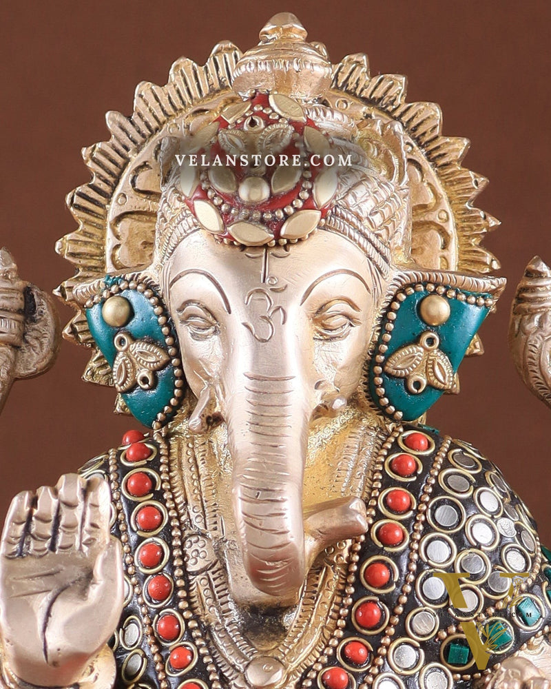 Brass Ganesha Idol with Meenakari Stonework | 10" Height