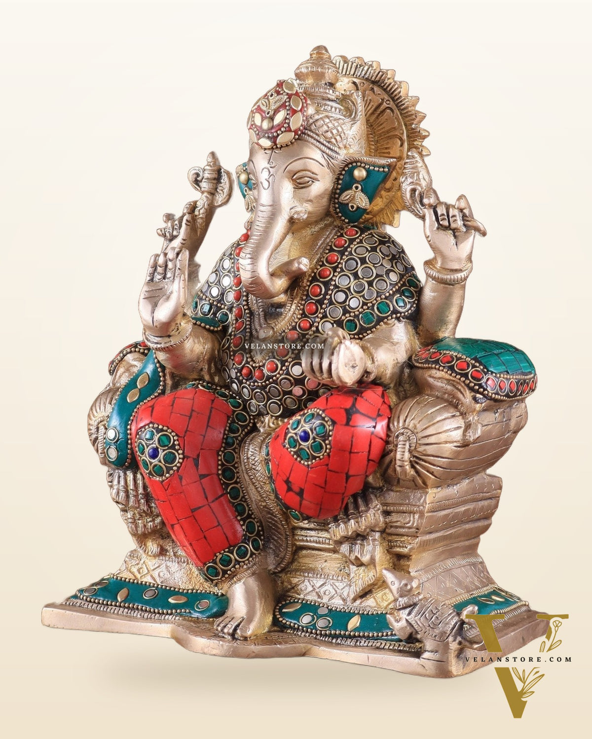 Brass Ganesha Idol with Meenakari Stonework | 10" Height