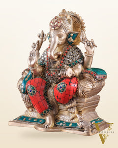 Brass Ganesha Idol with Meenakari Stonework | 10" Height