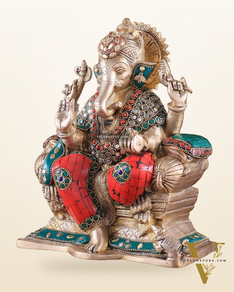 Brass Ganesha Idol with Meenakari Stonework | 10" Height