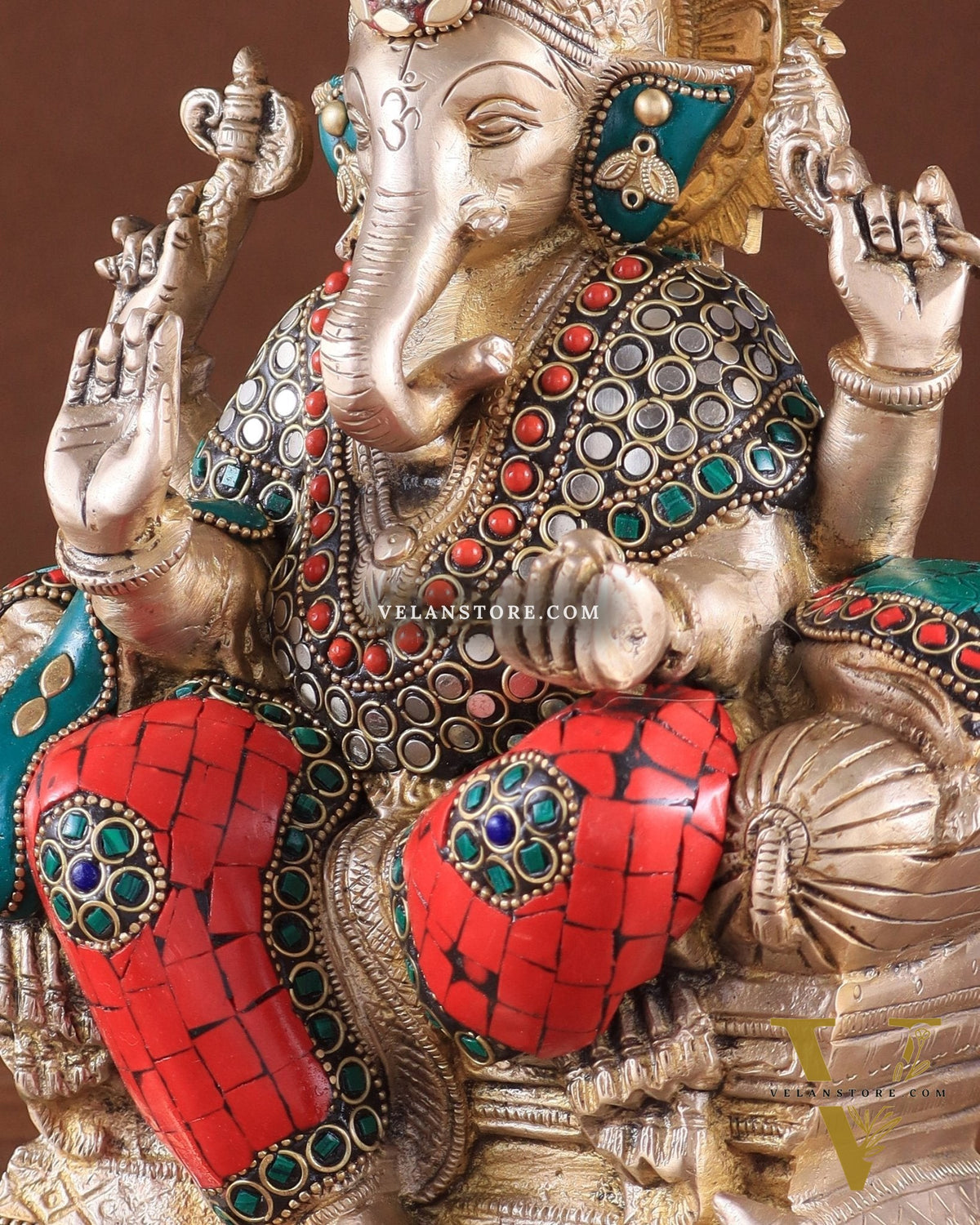 Brass Ganesha Idol with Meenakari Stonework | 10" Height