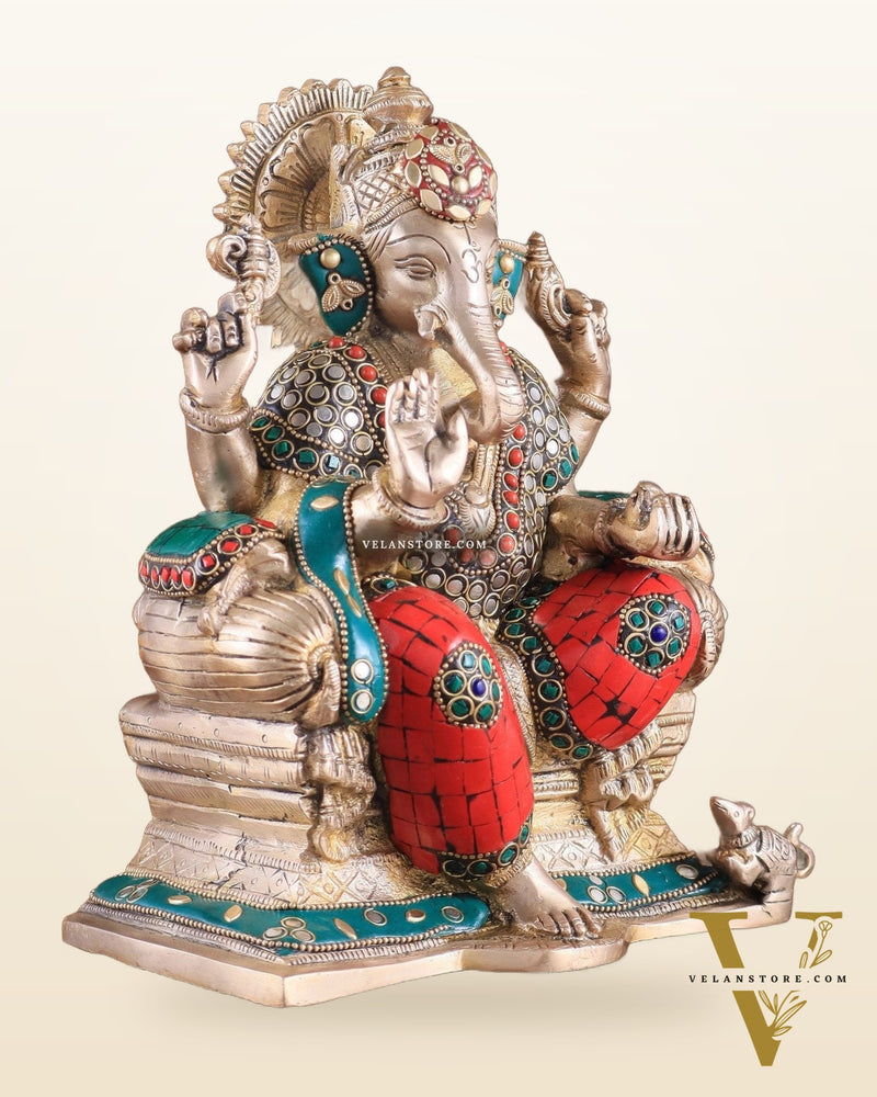 Brass Ganesha Idol with Meenakari Stonework | 10" Height