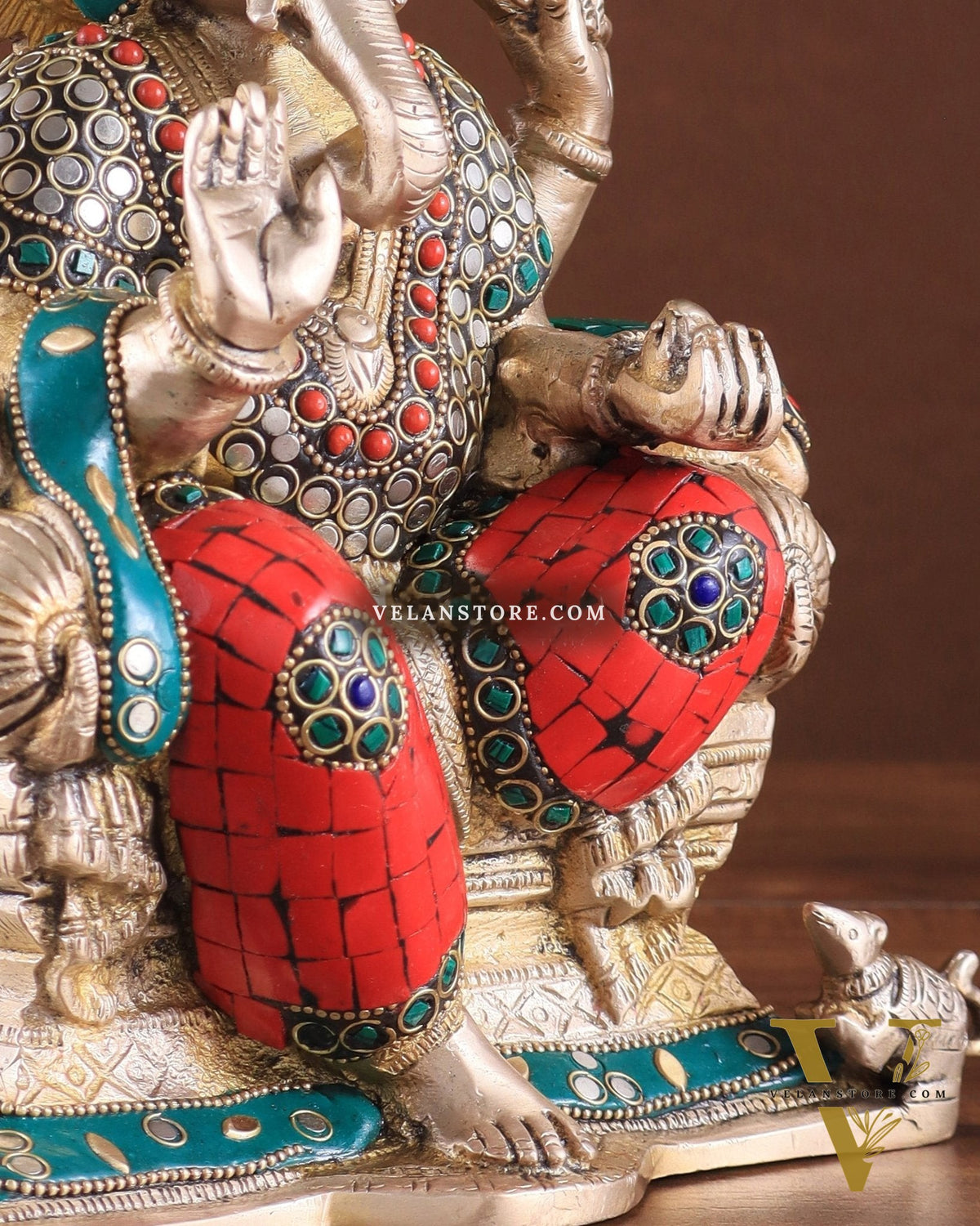 Brass Ganesha Idol with Meenakari Stonework | 10" Height