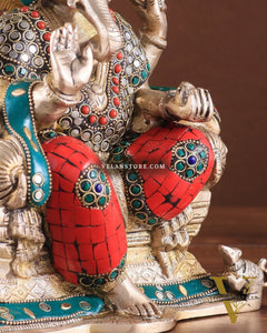 Brass Ganesha Idol with Meenakari Stonework | 10" Height