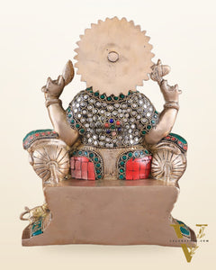 Brass Ganesha Idol with Meenakari Stonework | 10" Height