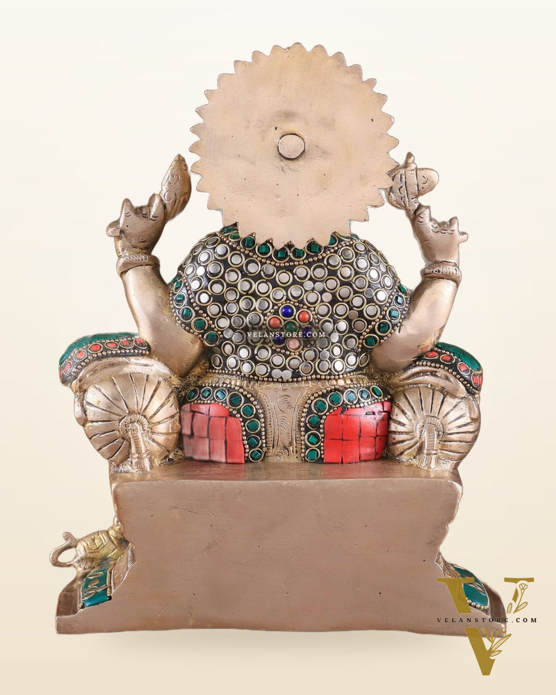 Brass Ganesha Idol with Meenakari Stonework | 10" Height
