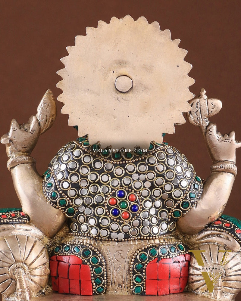 Brass Ganesha Idol with Meenakari Stonework | 10" Height