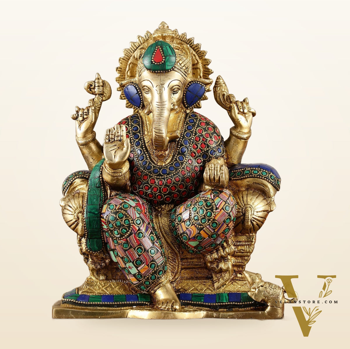 Brass Ganesha Idol with Meenakari Stonework | 10" Height | Vibrant