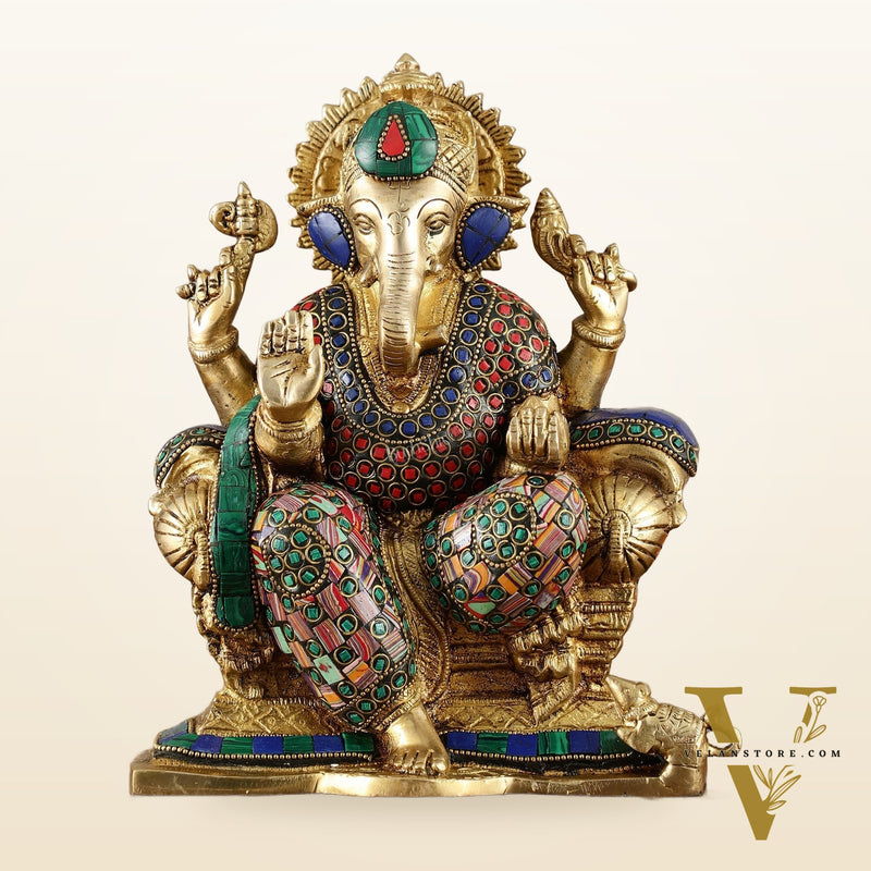 Brass Ganesha Idol with Meenakari Stonework | 10" Height | Vibrant