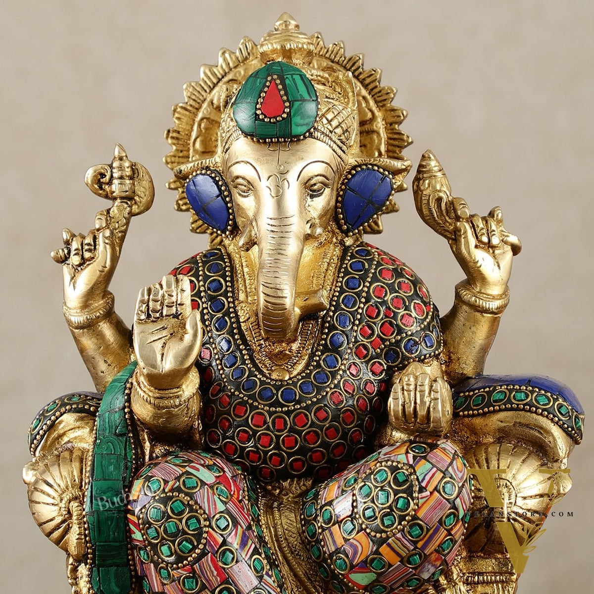 Brass Ganesha Idol with Meenakari Stonework | 10" Height | Vibrant