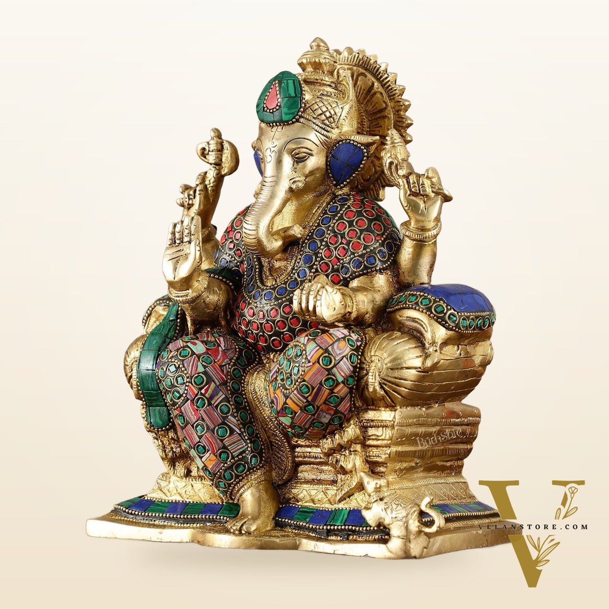 Brass Ganesha Idol with Meenakari Stonework | 10" Height | Vibrant