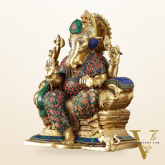 Brass Ganesha Idol with Meenakari Stonework | 10" Height | Vibrant