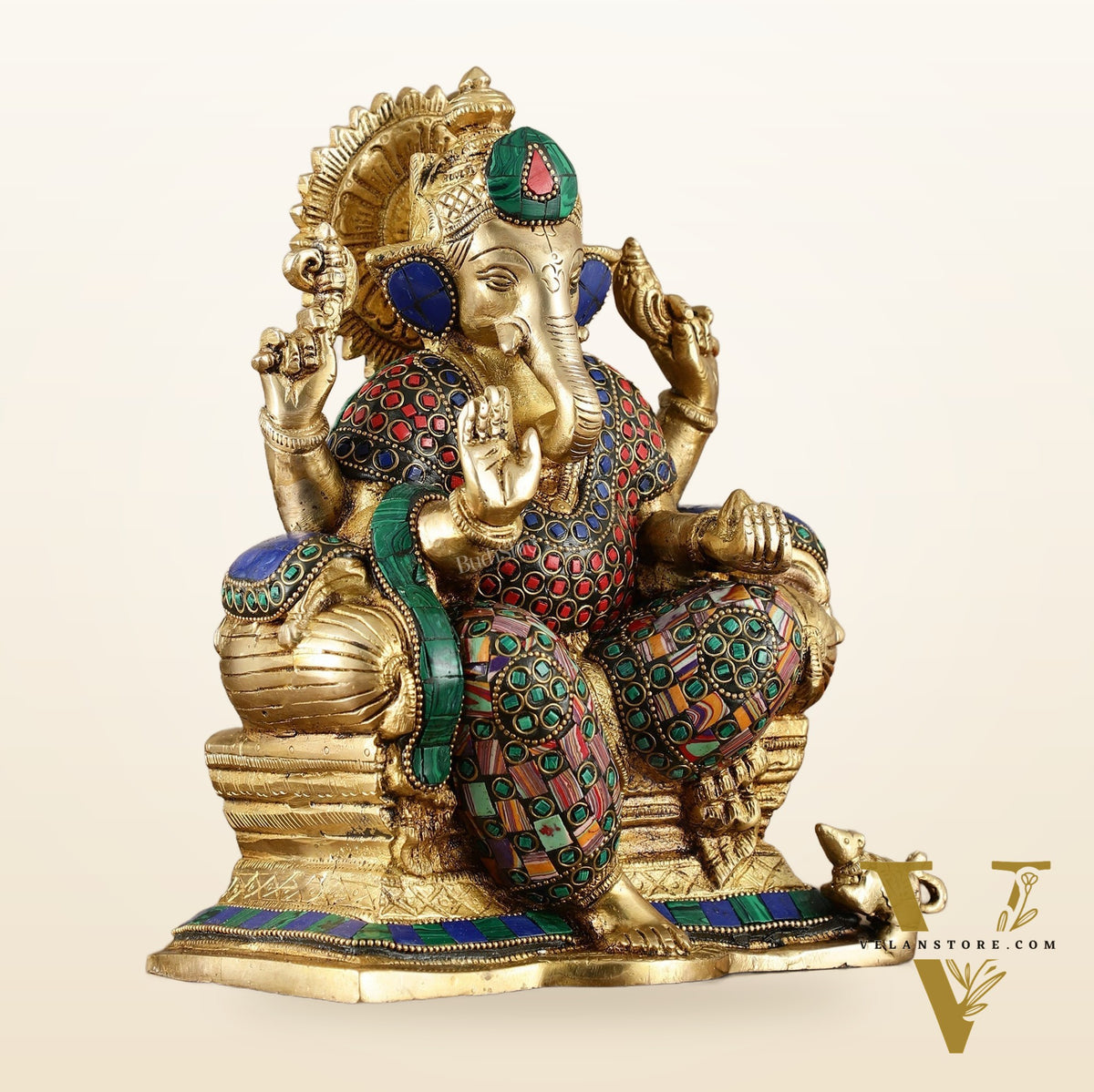 Brass Ganesha Idol with Meenakari Stonework | 10" Height | Vibrant