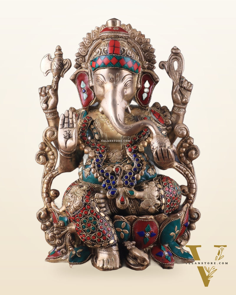 Brass Ganesha Idol with Meenakari Stonework - 12"