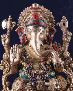 Brass Ganesha Idol with Meenakari Stonework - 12"