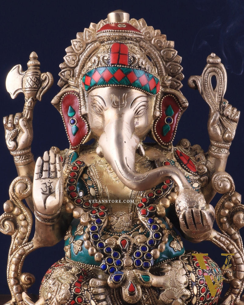 Brass Ganesha Idol with Meenakari Stonework - 12"