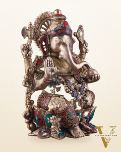 Brass Ganesha Idol with Meenakari Stonework - 12"