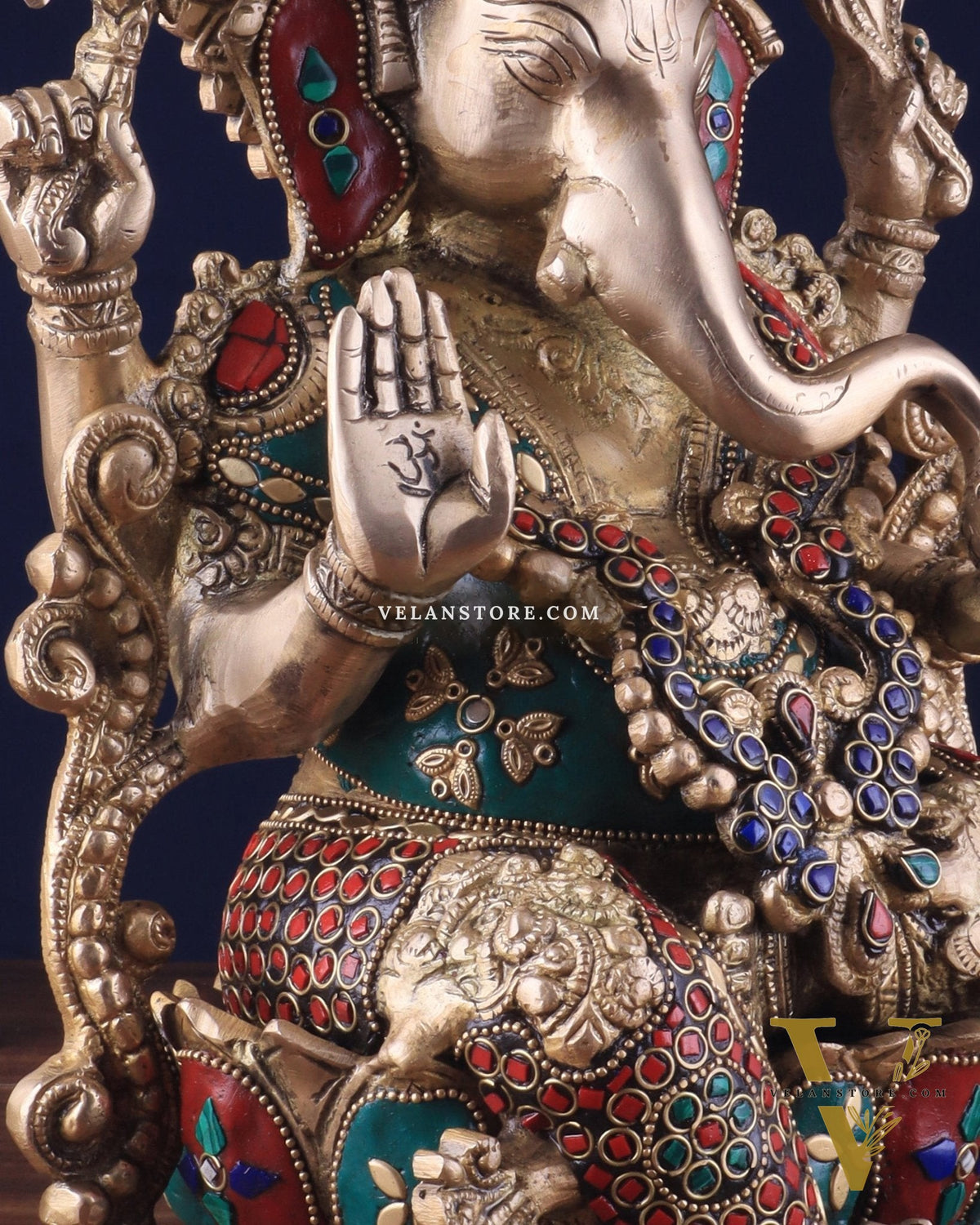 Brass Ganesha Idol with Meenakari Stonework - 12"