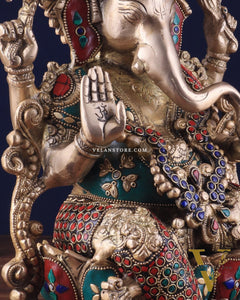 Brass Ganesha Idol with Meenakari Stonework - 12"