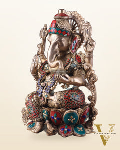 Brass Ganesha Idol with Meenakari Stonework - 12"