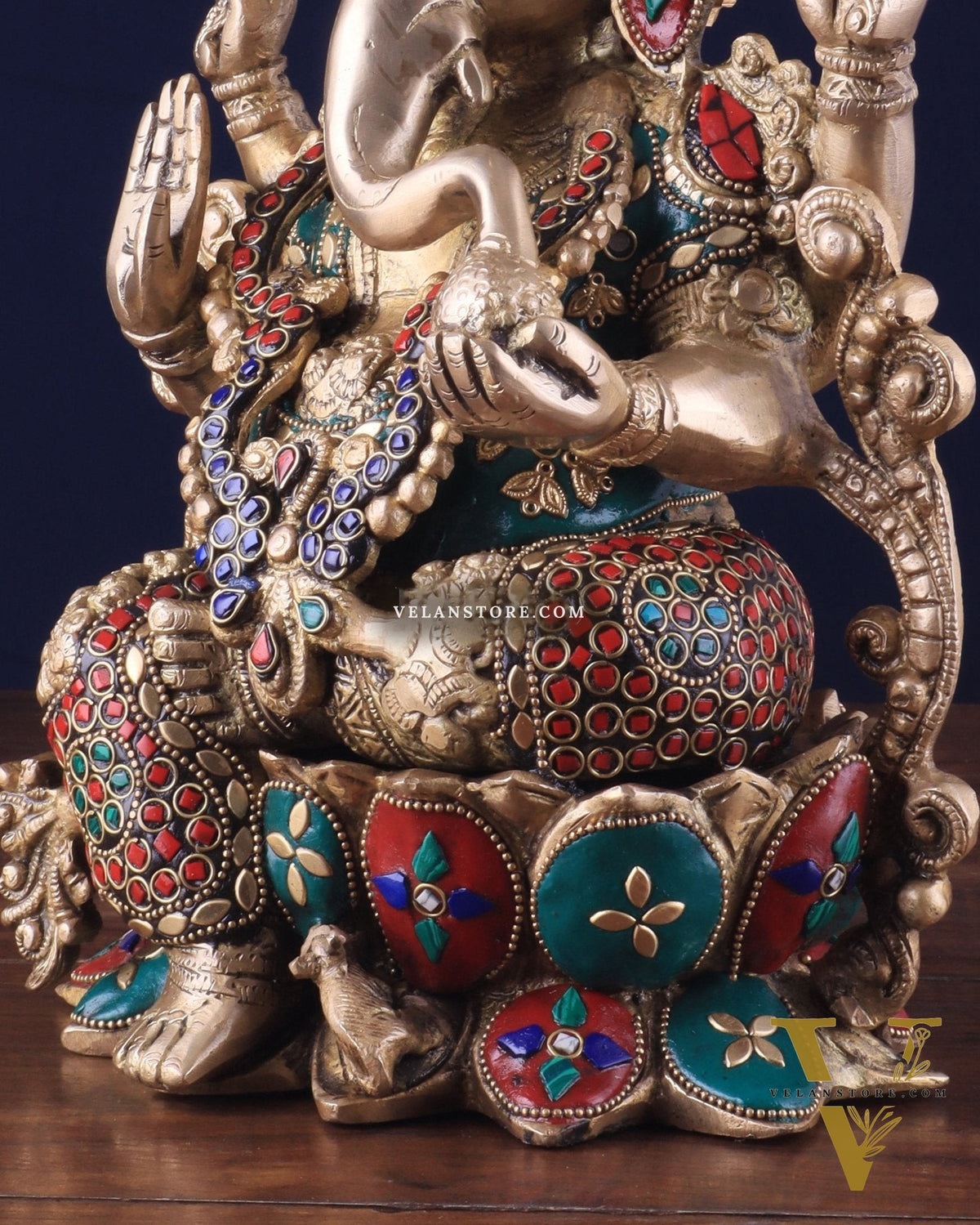 Brass Ganesha Idol with Meenakari Stonework - 12"