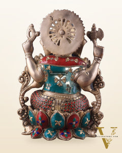 Brass Ganesha Idol with Meenakari Stonework - 12"