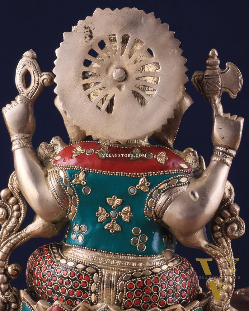 Brass Ganesha Idol with Meenakari Stonework - 12"