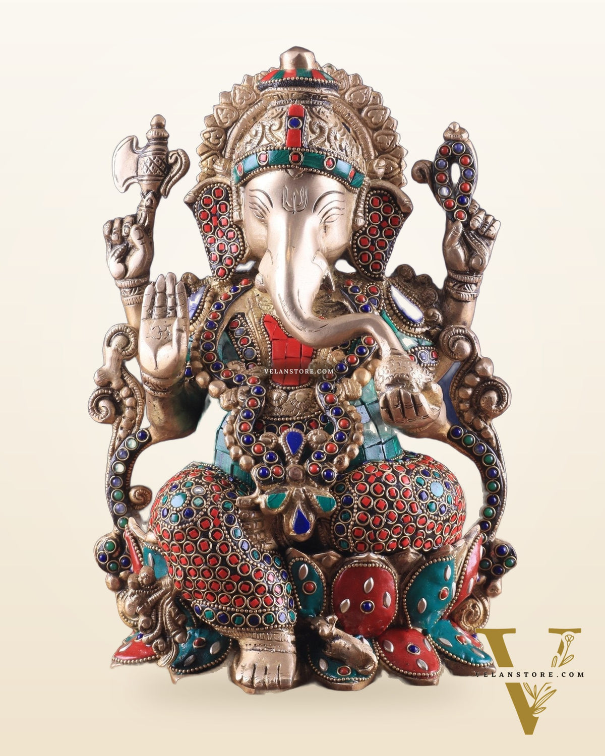 Brass Ganesha Idol with Meenakari Stonework - 12"