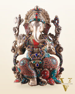 Brass Ganesha Idol with Meenakari Stonework - 12"