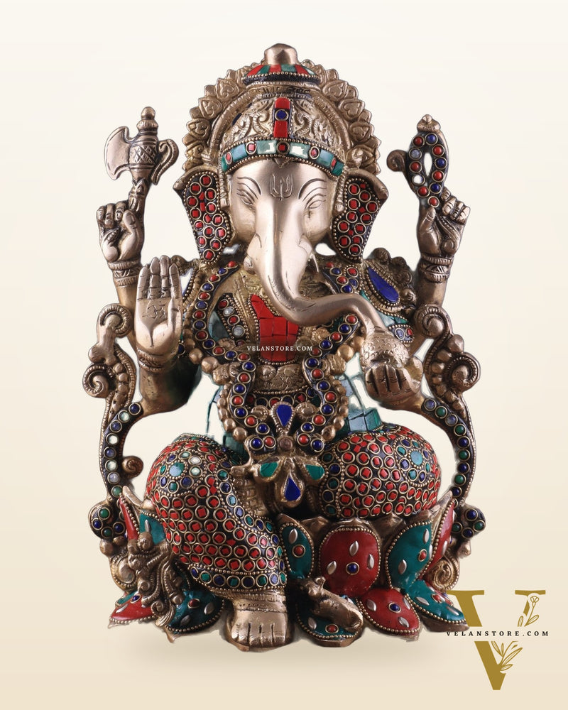 Brass Ganesha Idol with Meenakari Stonework - 12"