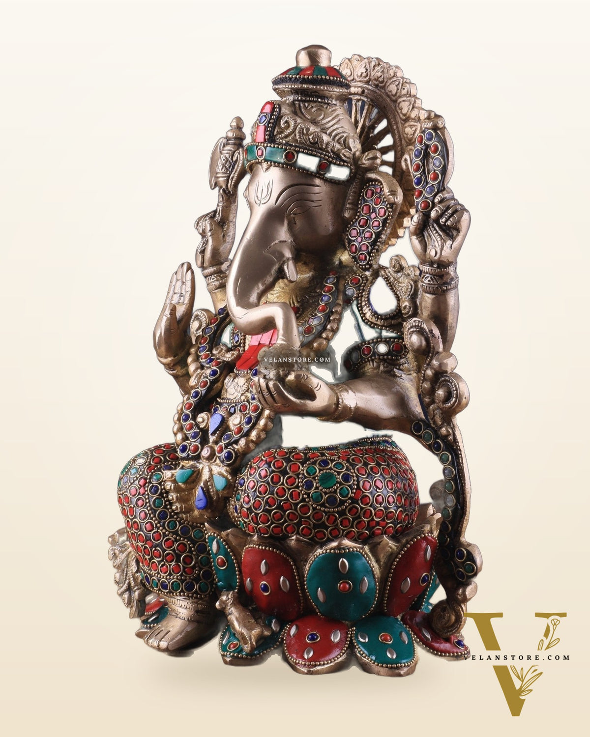 Brass Ganesha Idol with Meenakari Stonework - 12"
