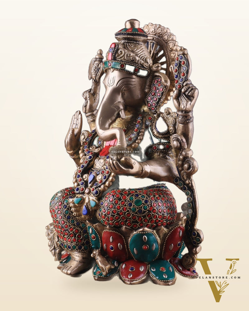 Brass Ganesha Idol with Meenakari Stonework - 12"