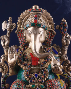Brass Ganesha Idol with Meenakari Stonework - 12"
