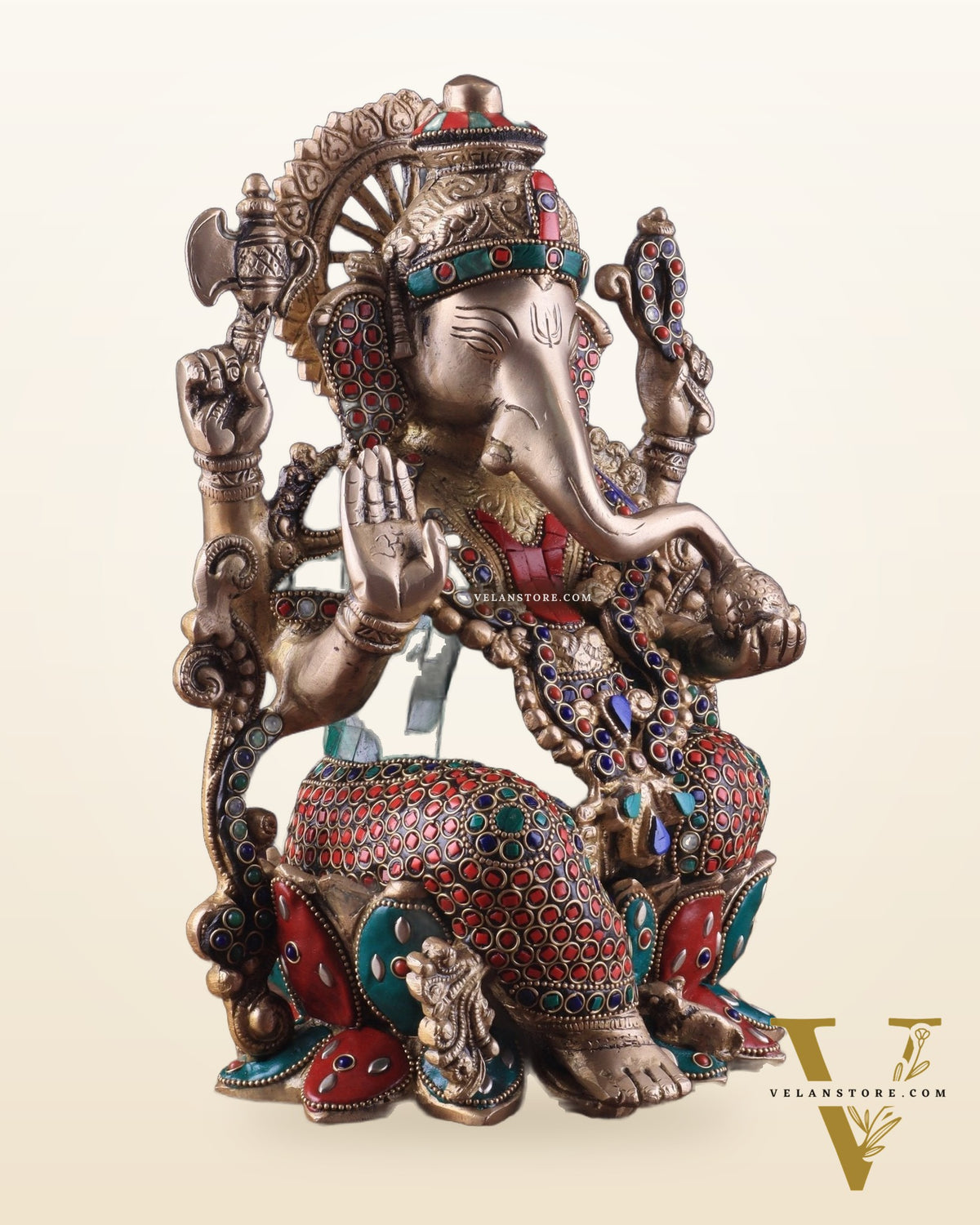 Brass Ganesha Idol with Meenakari Stonework - 12"