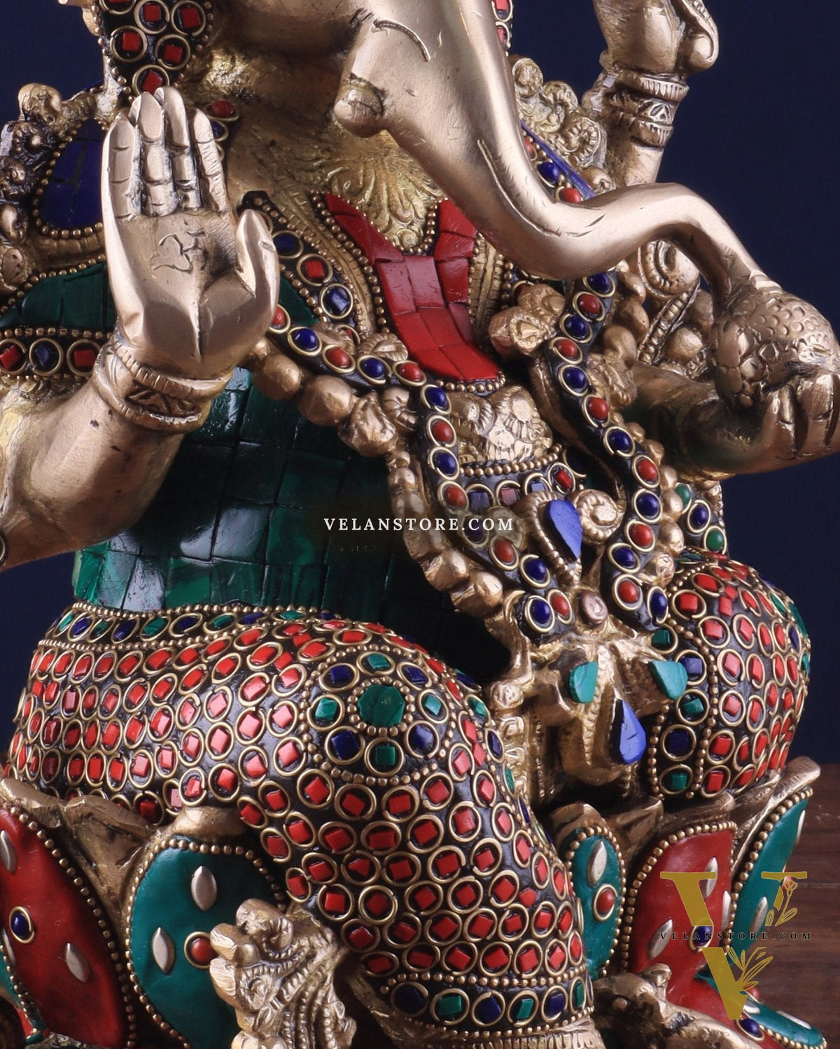 Brass Ganesha Idol with Meenakari Stonework - 12"