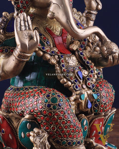 Brass Ganesha Idol with Meenakari Stonework - 12"