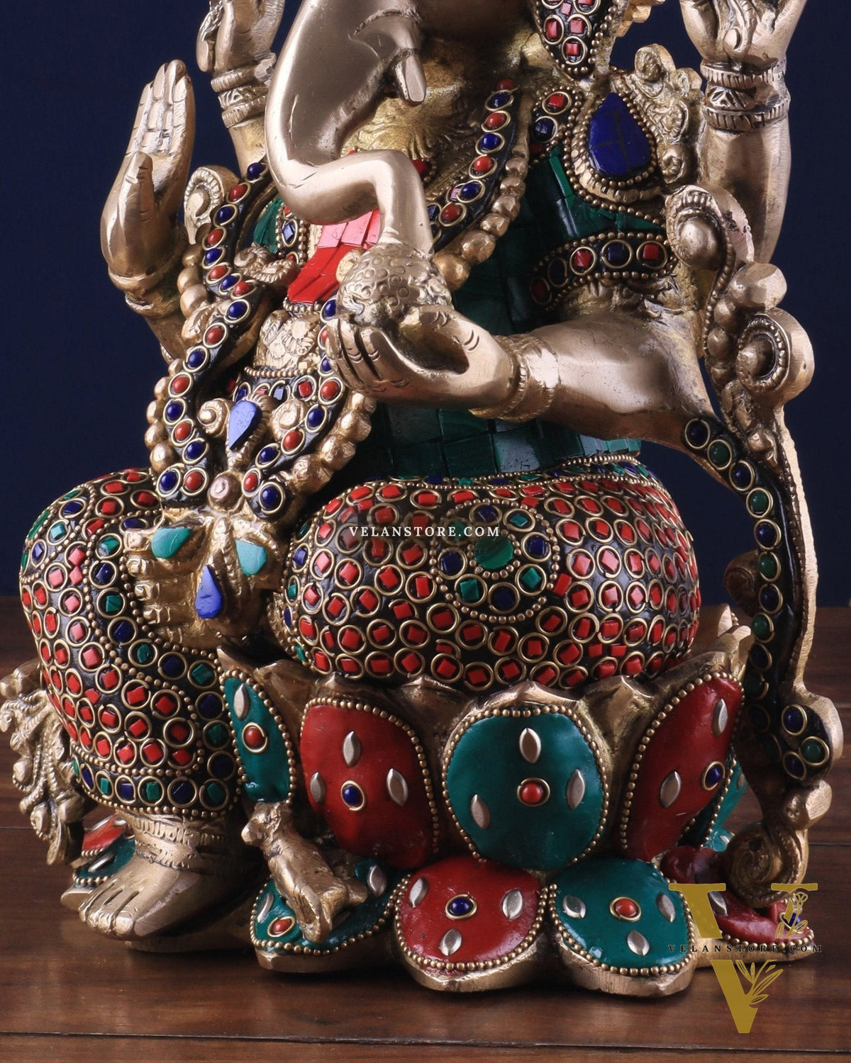 Brass Ganesha Idol with Meenakari Stonework - 12"