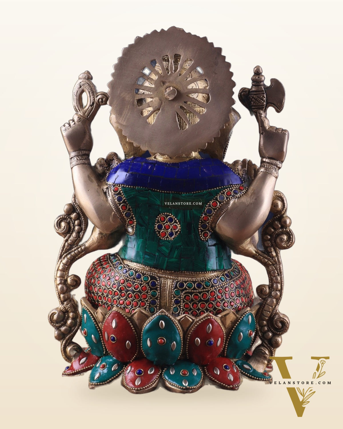 Brass Ganesha Idol with Meenakari Stonework - 12"