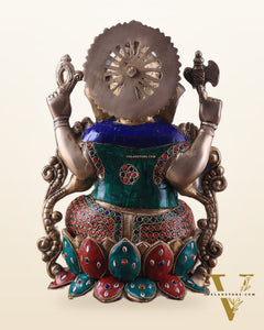 Brass Ganesha Idol with Meenakari Stonework - 12"
