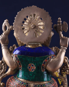 Brass Ganesha Idol with Meenakari Stonework - 12"