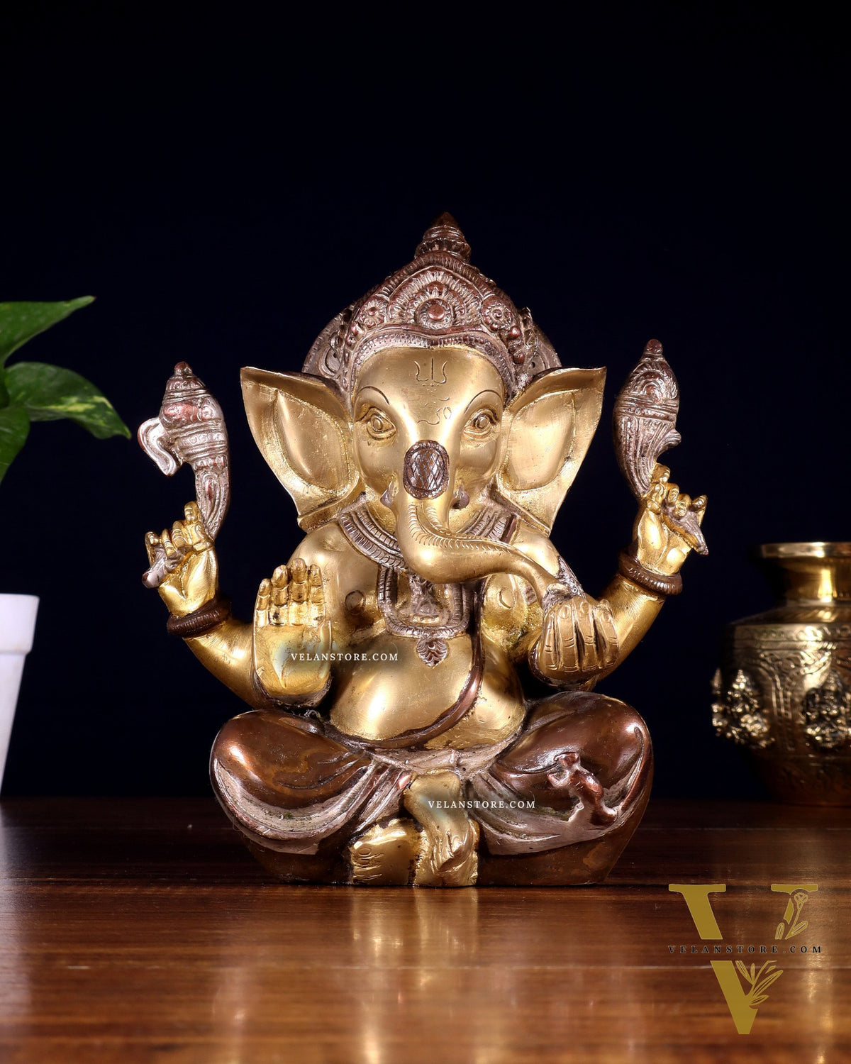 Brass Ganesha Idol with Sharp Features - 8 Inch three tone