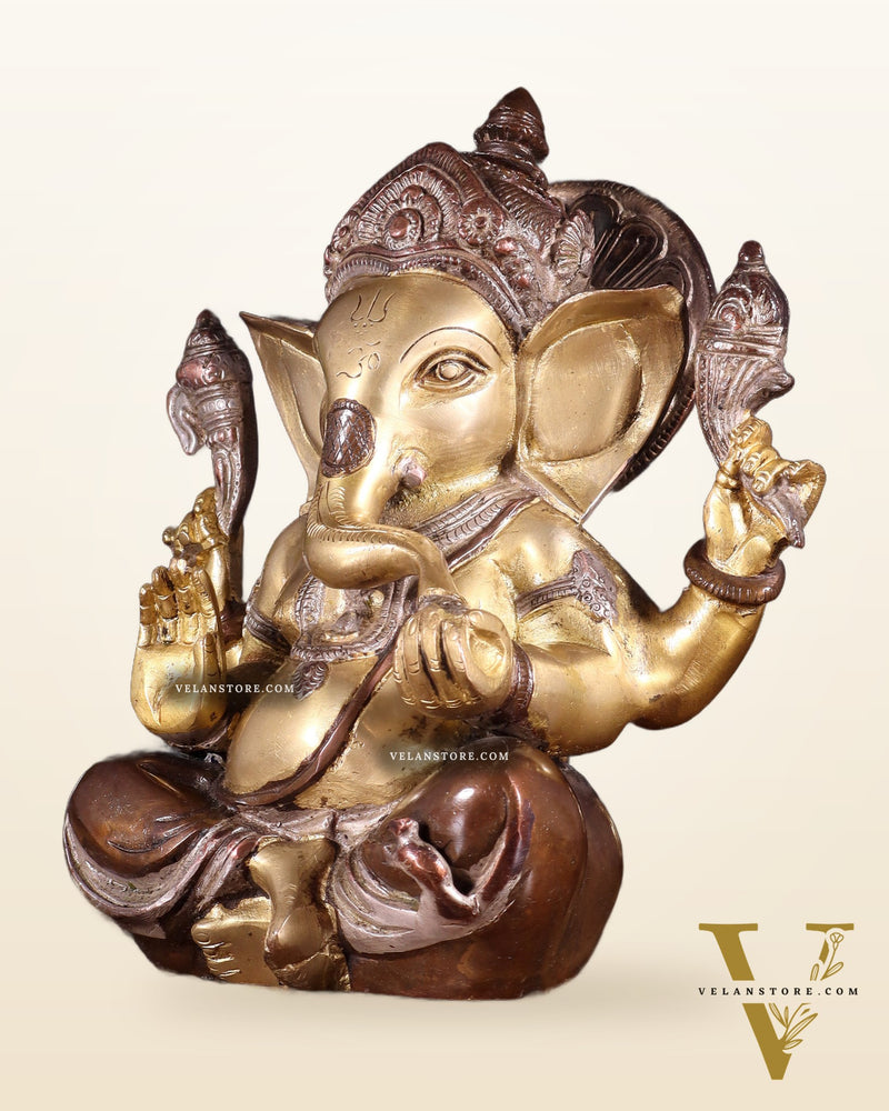 Brass Ganesha Idol with Sharp Features - 8 Inch three tone