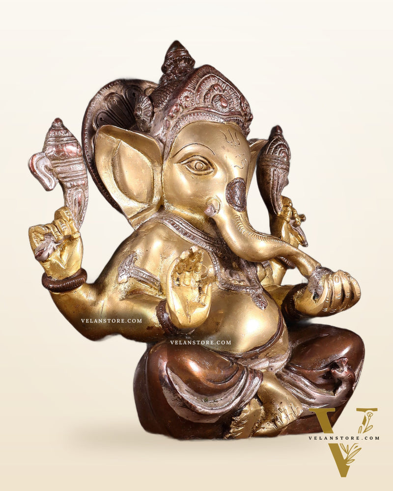 Brass Ganesha Idol with Sharp Features - 8 Inch three tone