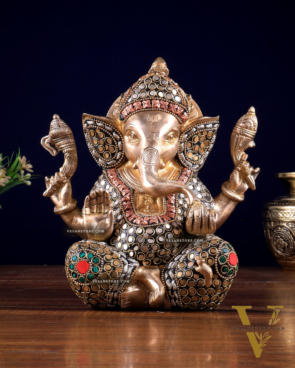 Brass Ganesha Idol with Sharp Features - 8 Inch