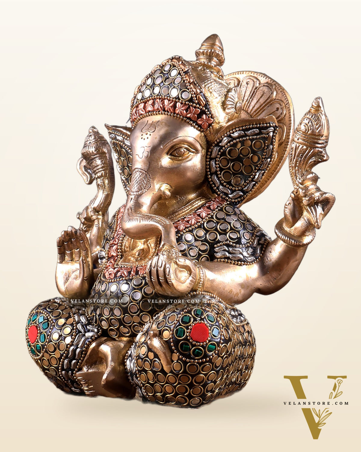 Brass Ganesha Idol with Sharp Features - 8 Inch