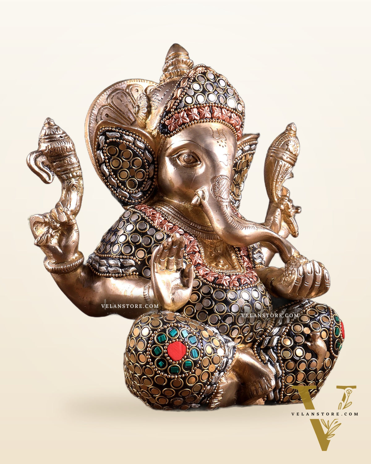 Brass Ganesha Idol with Sharp Features - 8 Inch