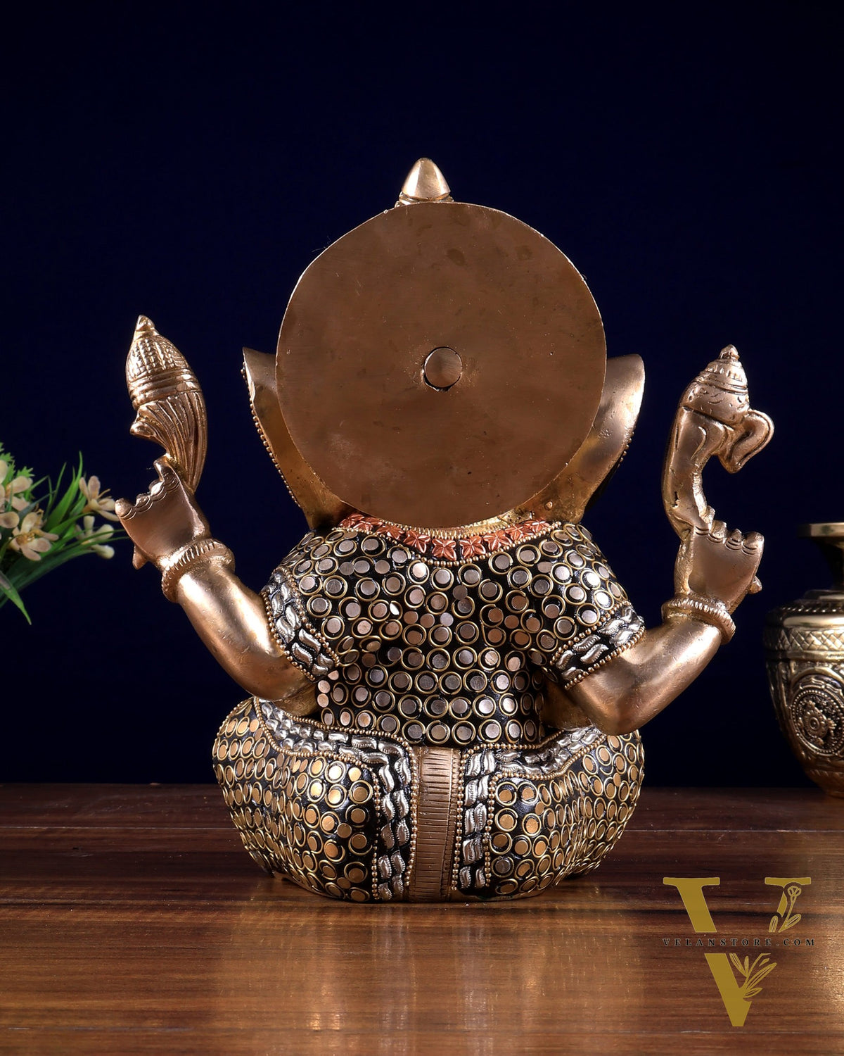 Brass Ganesha Idol with Sharp Features - 8 Inch