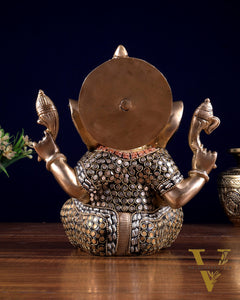Brass Ganesha Idol with Sharp Features - 8 Inch