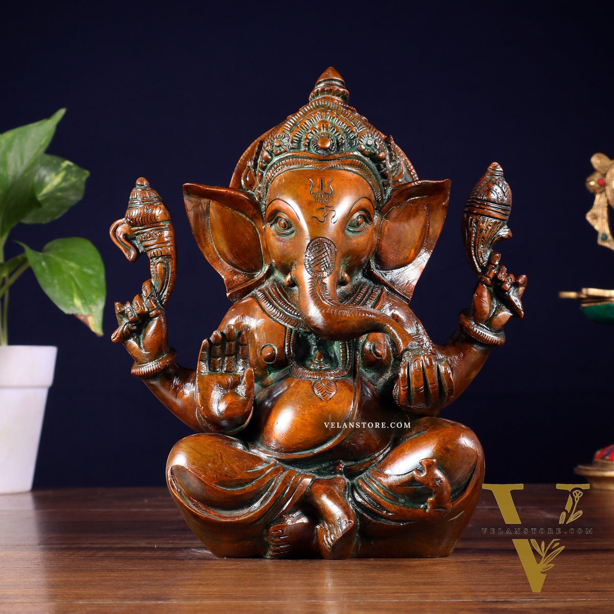 Brass Ganesha Idol with Sharp Features - 8 Inch Vintage brown
