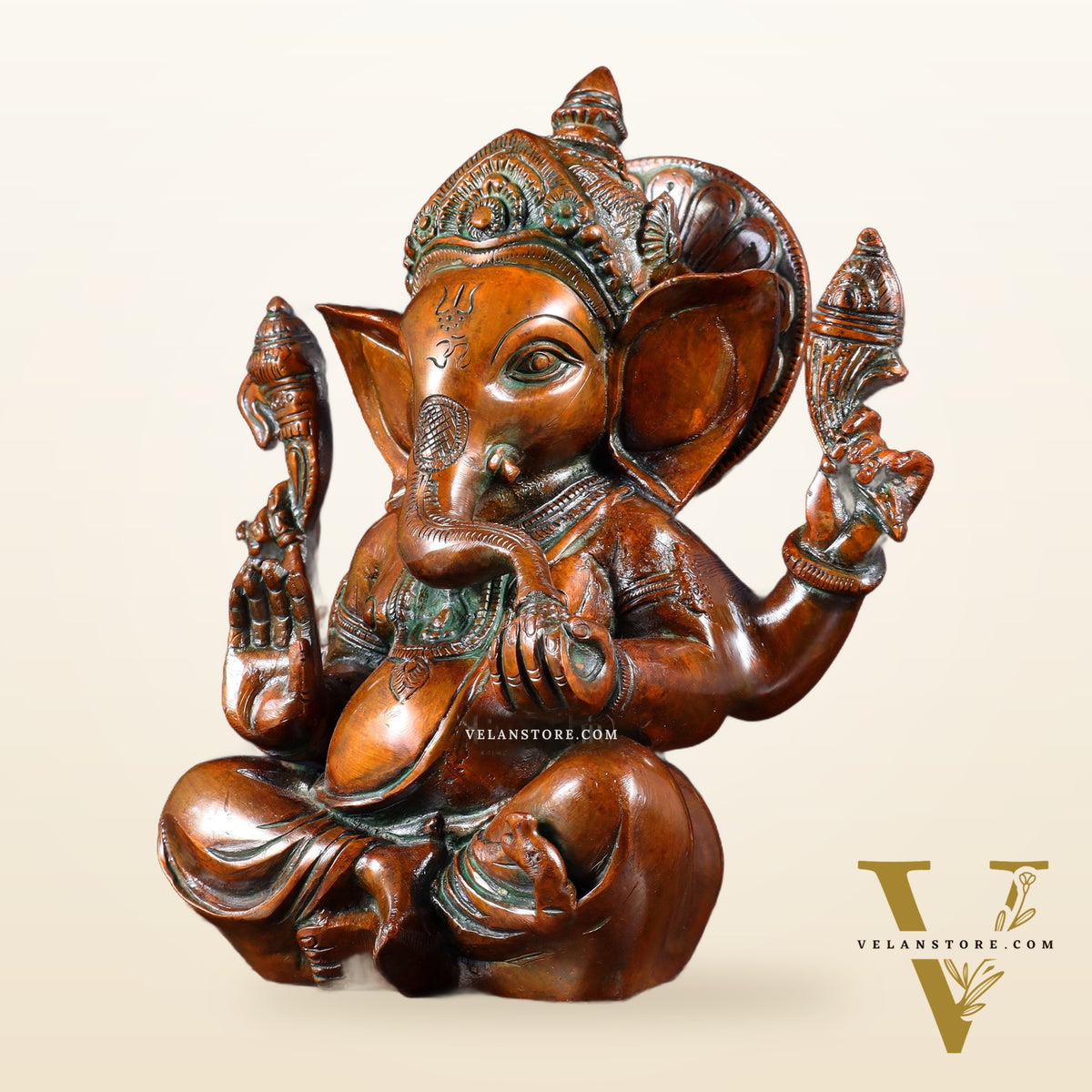 Brass Ganesha Idol with Sharp Features - 8 Inch Vintage brown